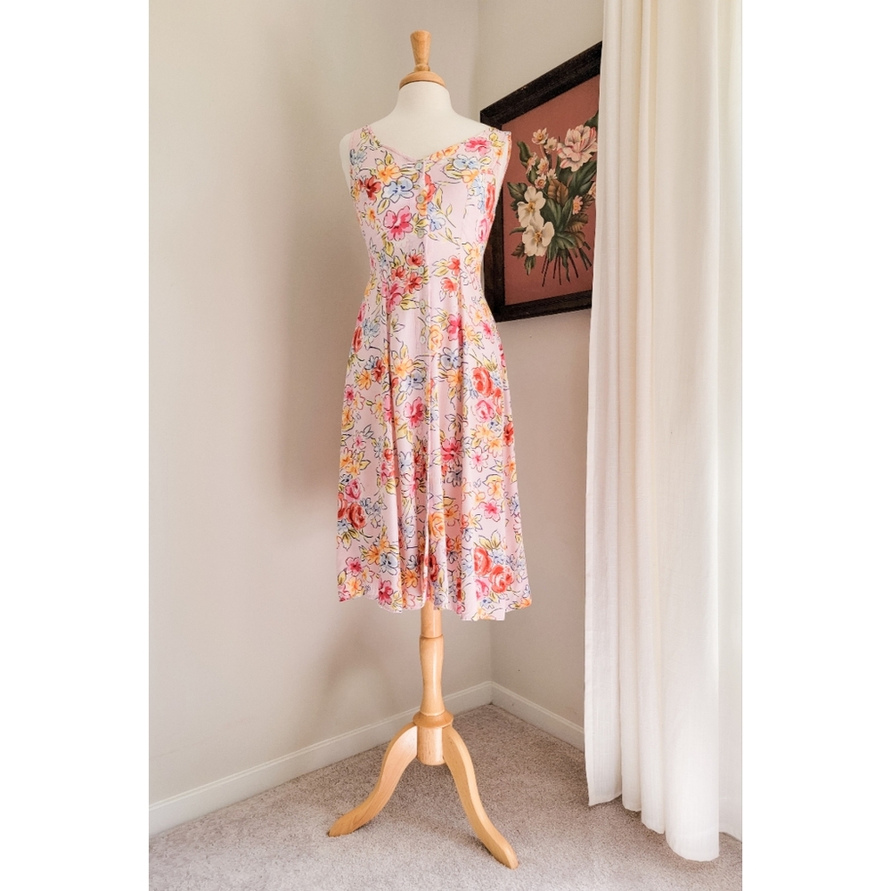 90s Pink Floral Button Front 1990s Vintage Fit & Flare Flowy Midi Length Dress - Picture 7 of 15